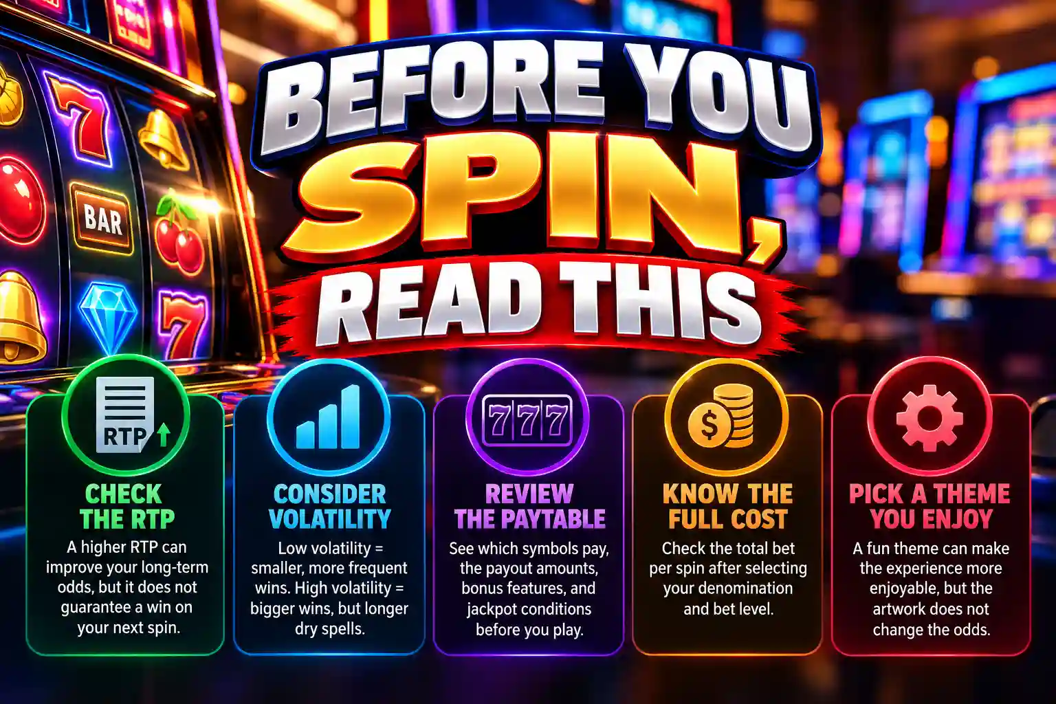 Before you spin infographic showing five slot machine checks: RTP, volatility, paytable, full spin cost, and theme.