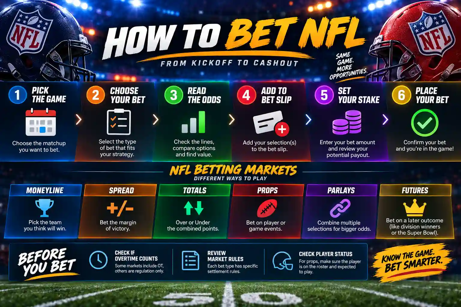 How to bet on NFL infographic explaining the betting process, NFL moneyline, spreads, totals, props, parlays and futures