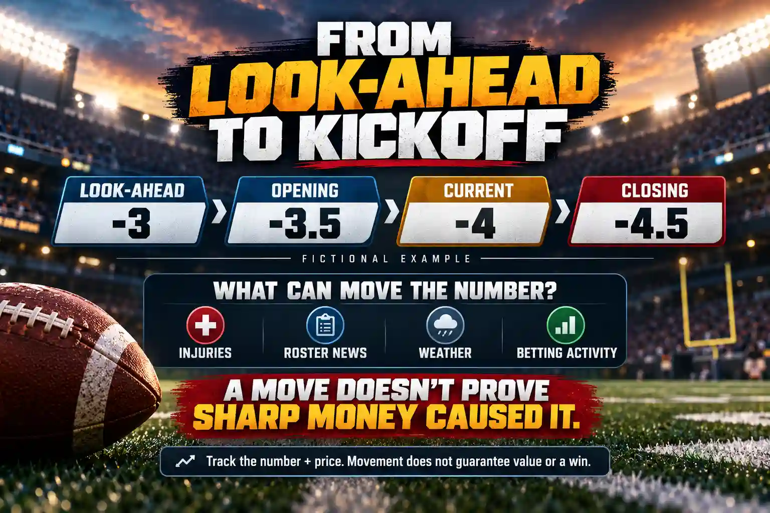 College football look-ahead lines infographic showing a fictional spread moving from -3 to -3.5, -4 and -4.5 before kickoff.