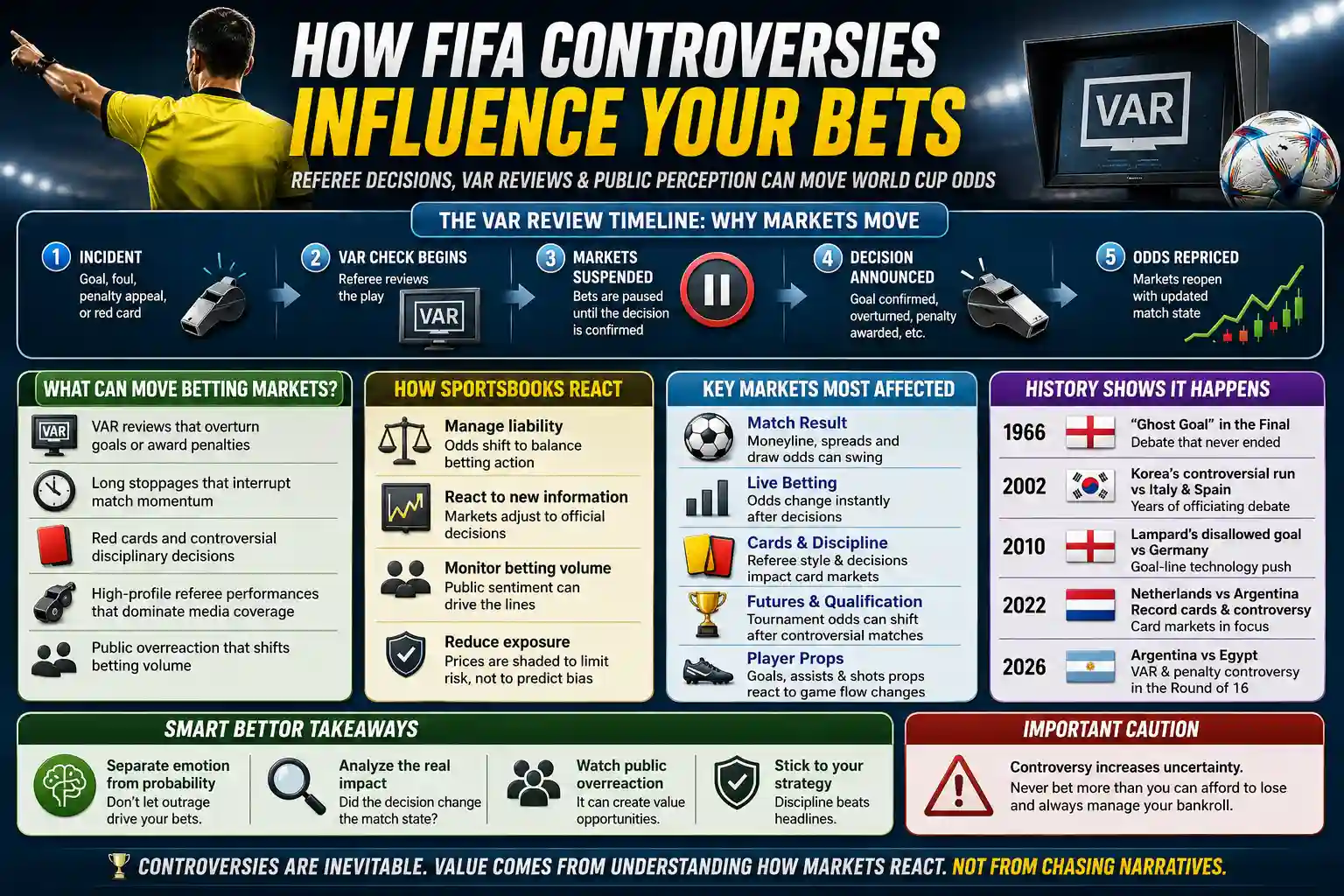 Infographic explaining how FIFA controversies, VAR reviews, referee decisions, and public perception can influence World Cup betting odds and live markets
