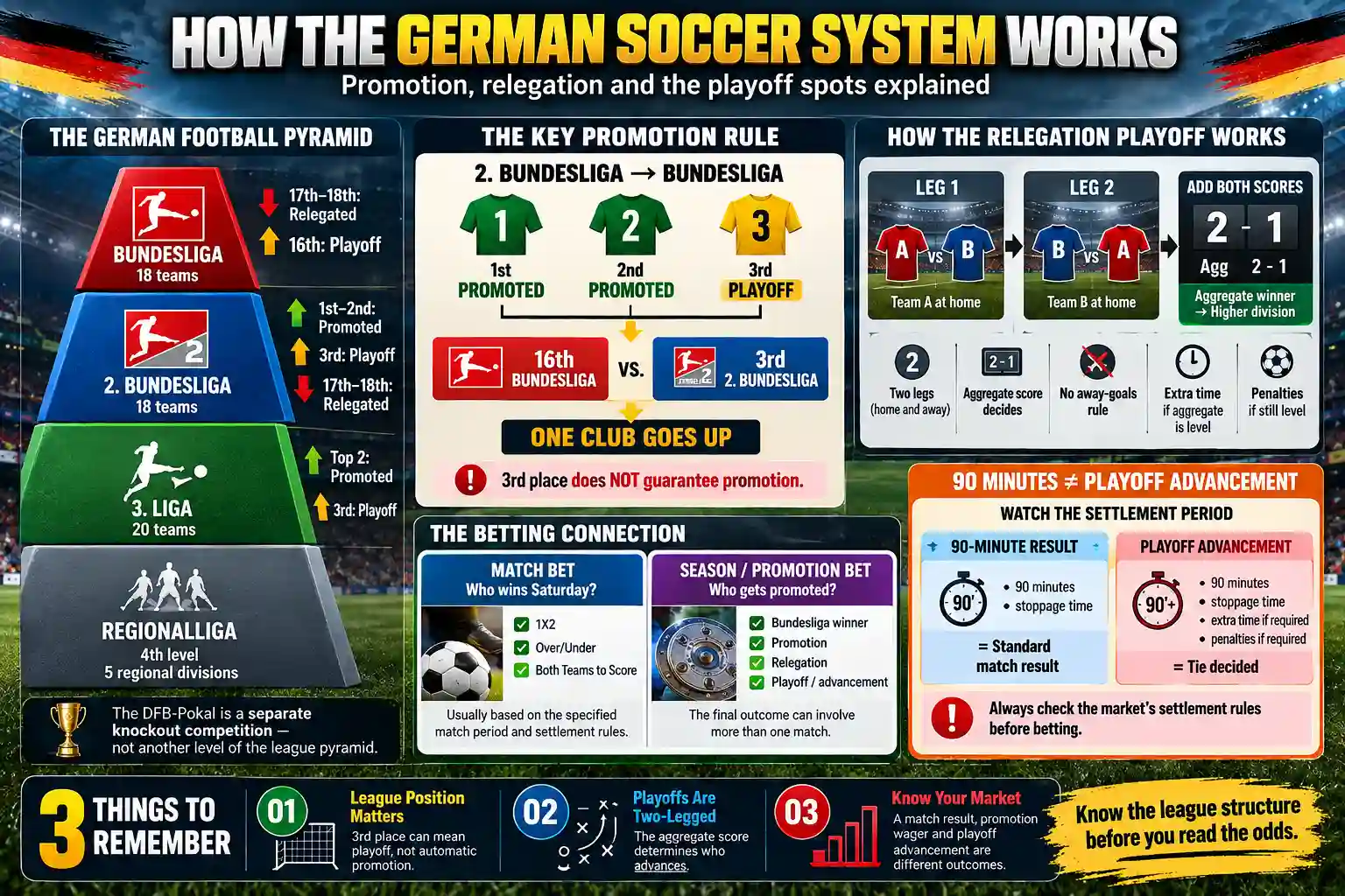 German soccer league system infographic explaining Bundesliga promotion, relegation playoffs, the football pyramid and betting settlement rules