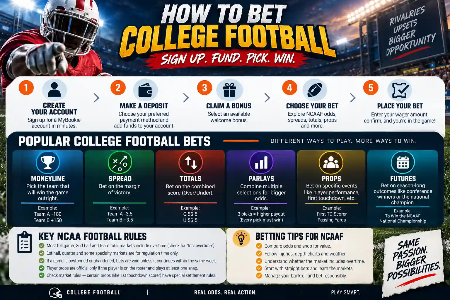 College football betting basics infographic explaining moneyline, point spread, totals, parlays, player props, and futures