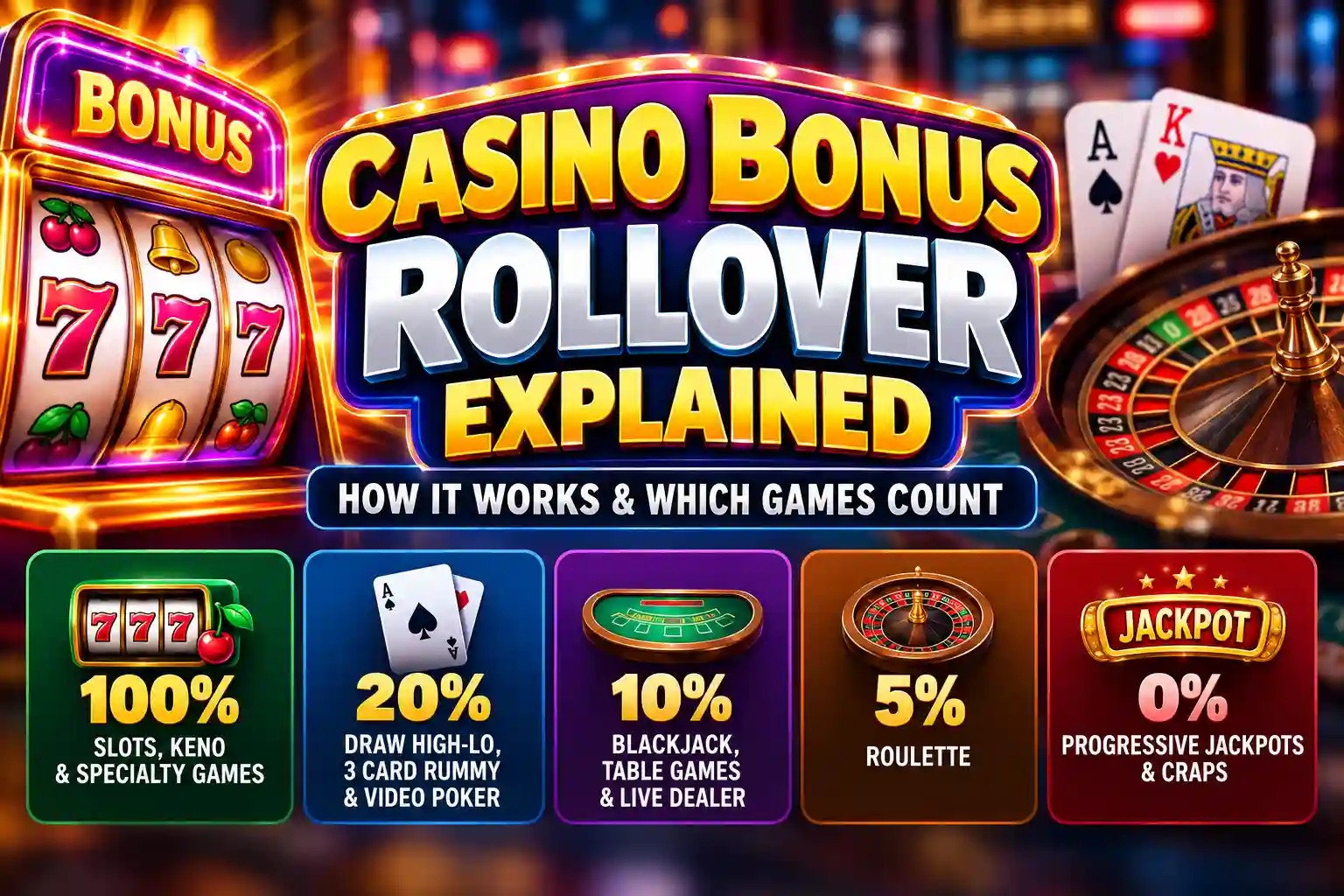 Casino bonus rollover infographic explaining wagering contribution percentages for slots, video poker, blackjack, roulette, progressive jackpots and craps.