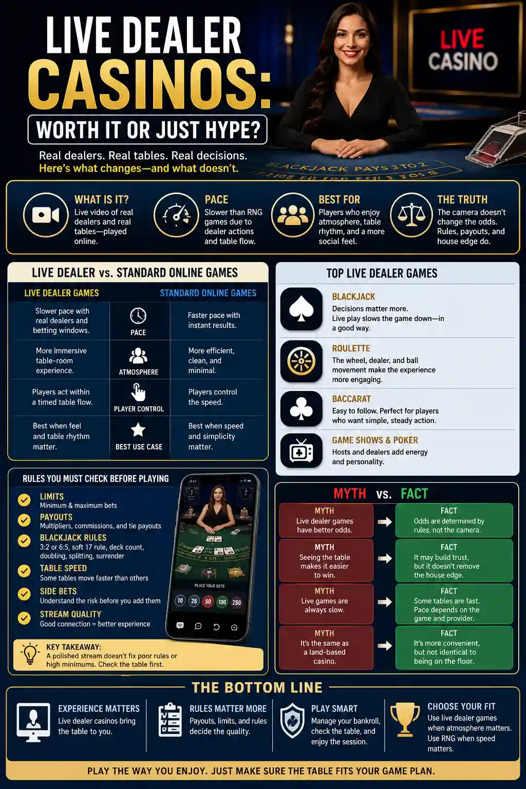 Live dealer casinos infographic explaining how live dealer games work, what rules to check, how they compare to standard online casino games, and why odds depend on rules rather than the camera.