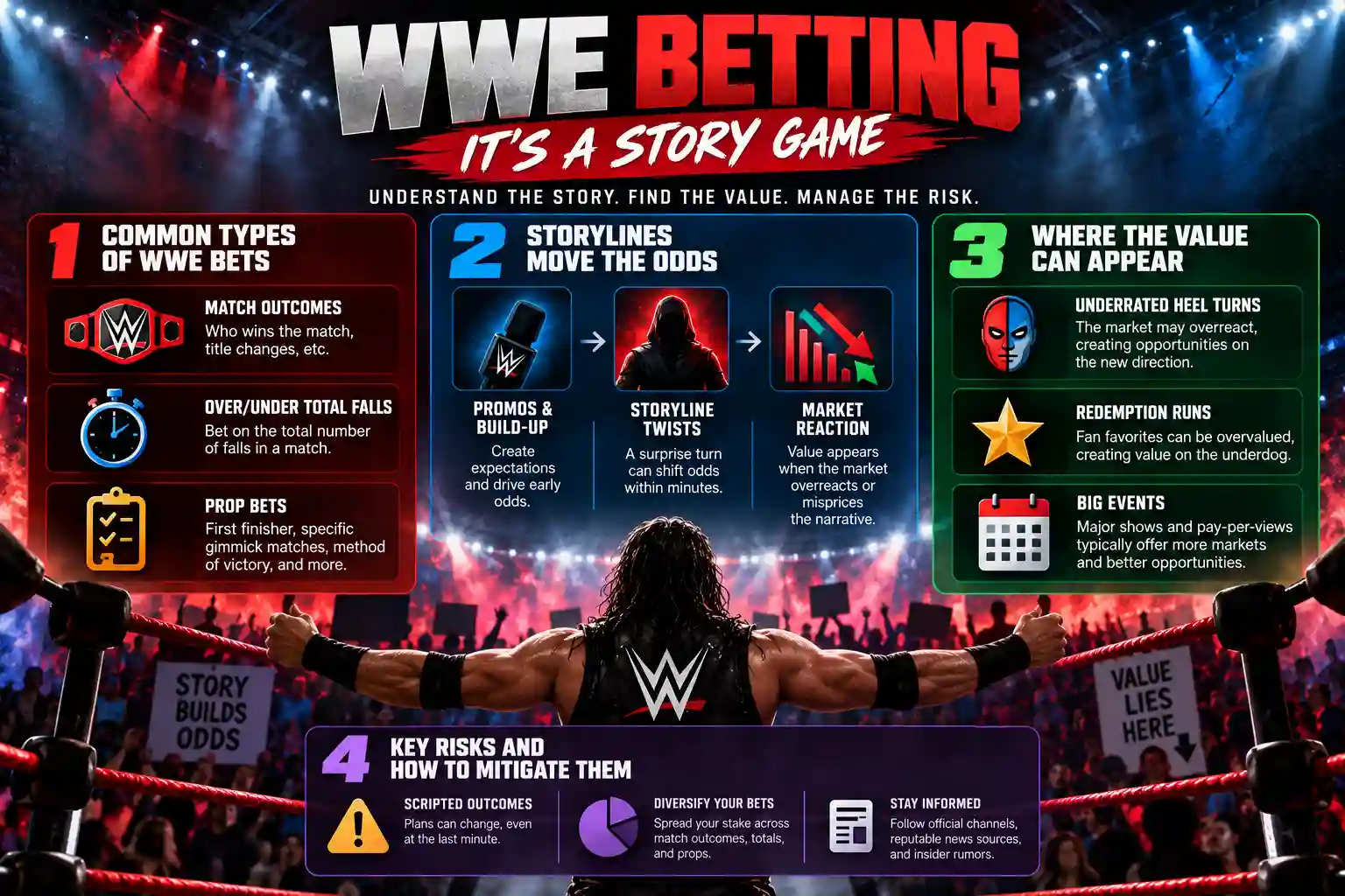 WWE betting infographic explaining common bet types, how wrestling storylines can affect odds, where betting value may appear, and key wagering risks.