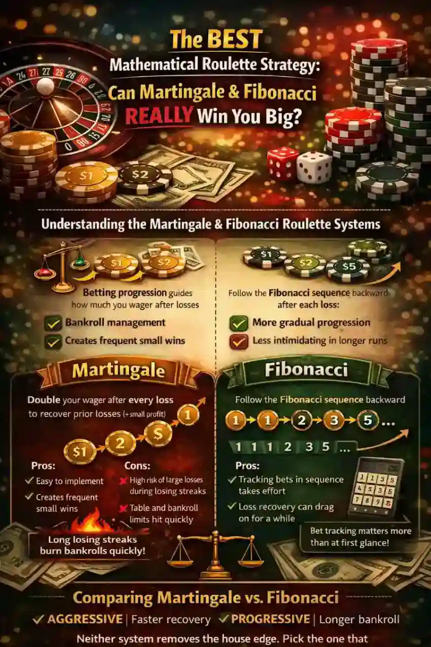 Infographic comparing Martingale vs Fibonacci roulette strategies, showing bet progression, bankroll impact, and key pros and cons for each system
