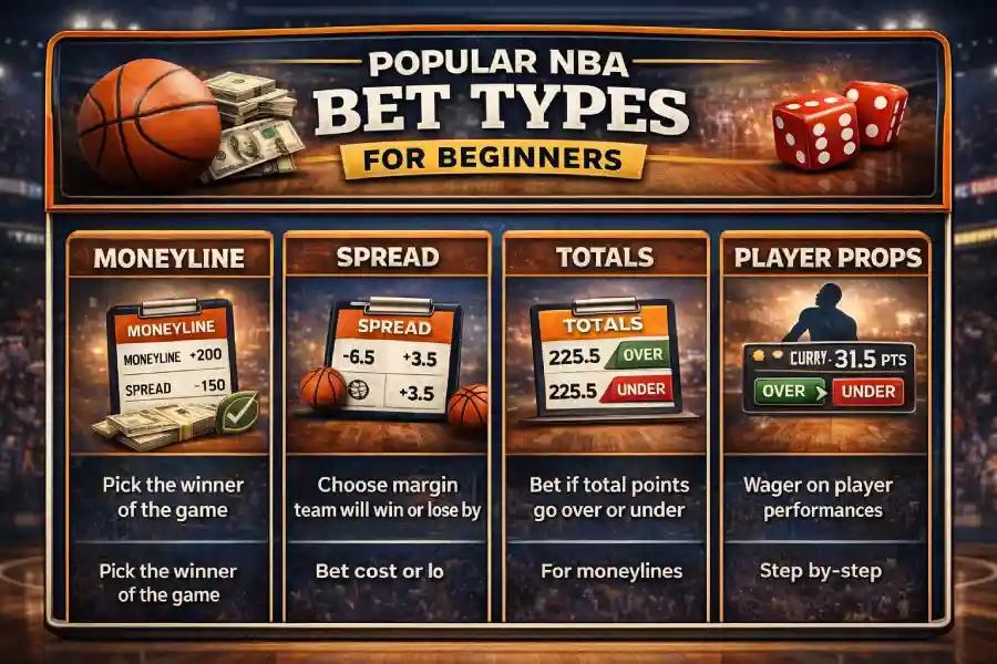 Popular NBA bet types for beginners infographic explaining moneyline, spread, totals, and player props with examples