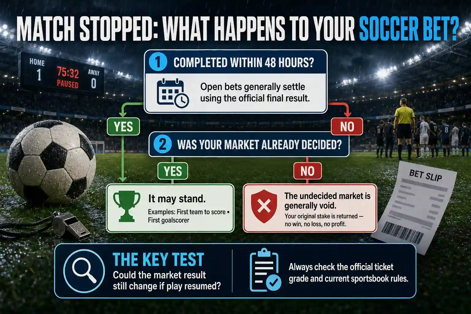 Soccer match postponed or abandoned betting rules infographic explaining the 48-hour completion window, decided markets, void bets, and stake refunds.