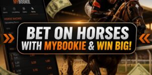Horse racing betting on MyBookie showing jockey in action with mobile betting app interface