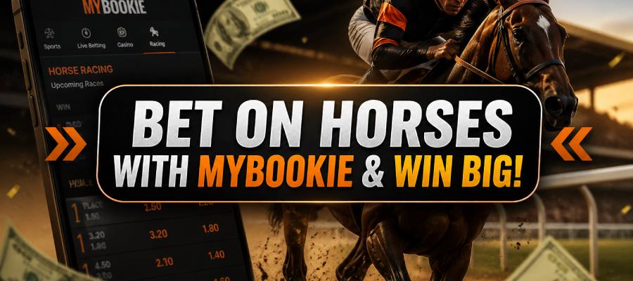 Horse racing betting on MyBookie showing jockey in action with mobile betting app interface