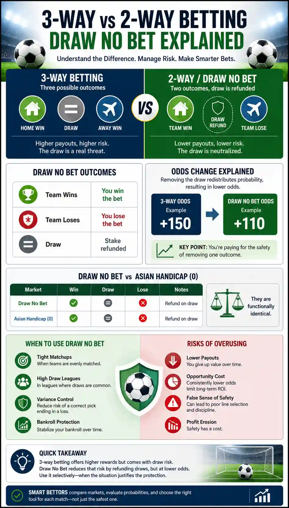 Infographic explaining 3-way vs 2-way betting, Draw No Bet outcomes, odds changes, and when to use Draw No Bet in soccer betting