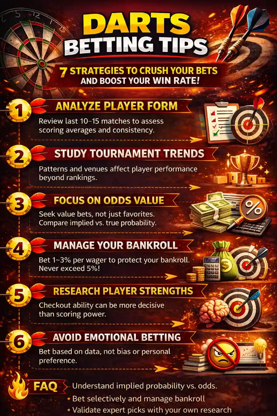 Infographic showing seven darts betting tips, including player form, tournament trends, odds value, bankroll management, player strengths, emotional discipline, and implied probability