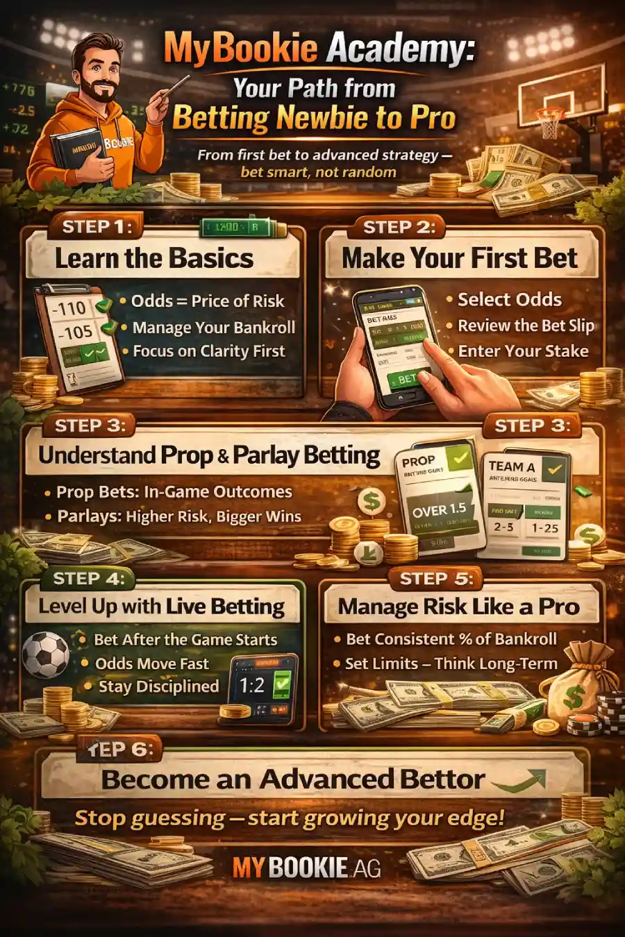 MyBookie Academy infographic: step-by-step sports betting learning path covering odds basics, first bet process, props and parlays, live betting, bankroll and risk management, and advancing to smarter betting.