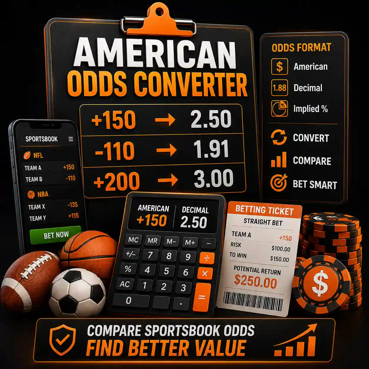American Odds Converter displaying conversions between American odds, decimal odds, implied probability, sportsbook lines, and betting calculator tools.