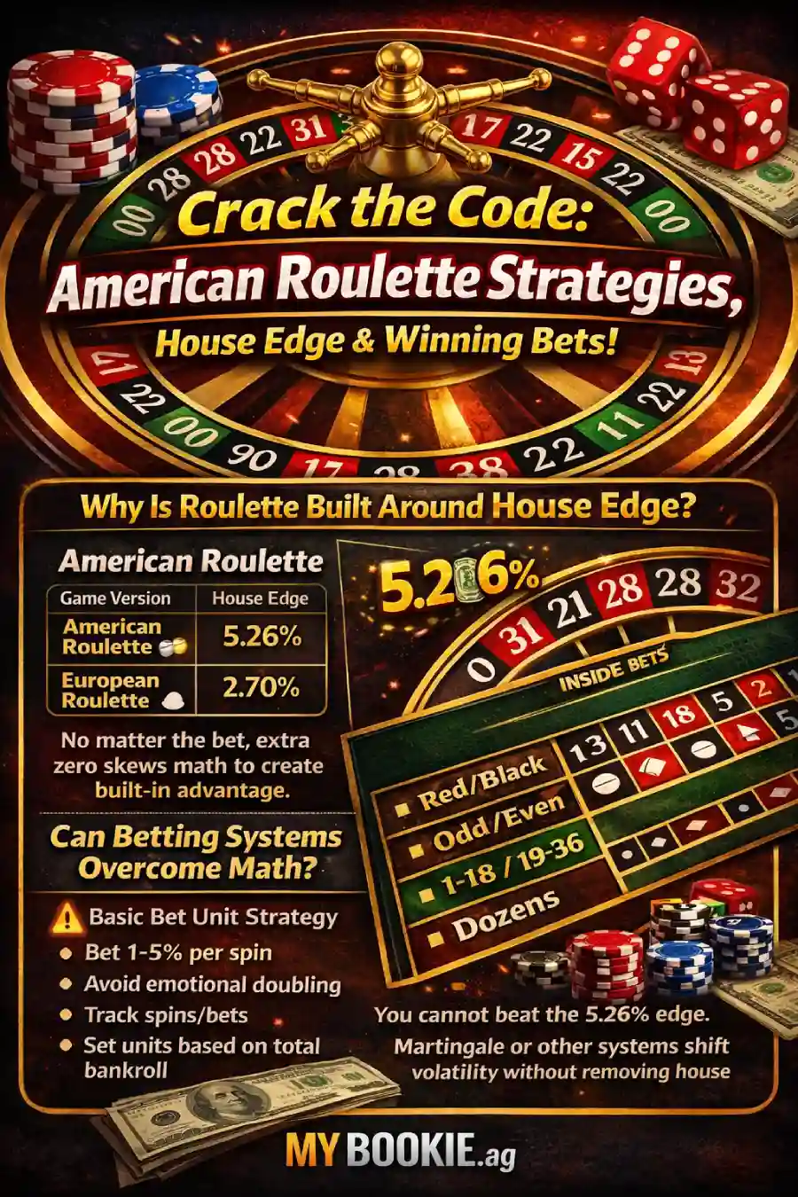 Infographic: American Roulette Strategy Guide — 5.26% house edge explained, American vs European wheel comparison, inside vs outside bets, why systems don’t change EV, and bankroll + table limit risk.