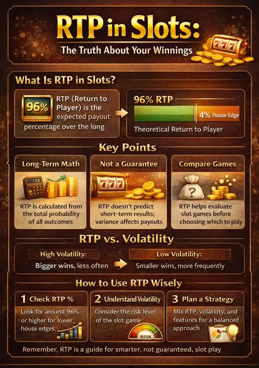 Infographic explaining RTP in slots, including what return to player means, the difference between RTP and house edge, RTP vs volatility, and how to use RTP when choosing slot games