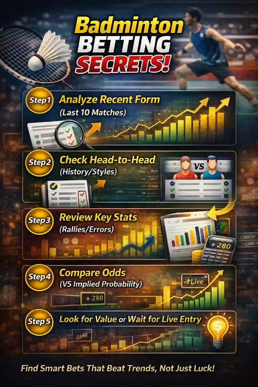 Infographic showing a five-step badminton betting strategy breakdown using player form, head-to-head history, match stats, odds comparison, and live betting value.