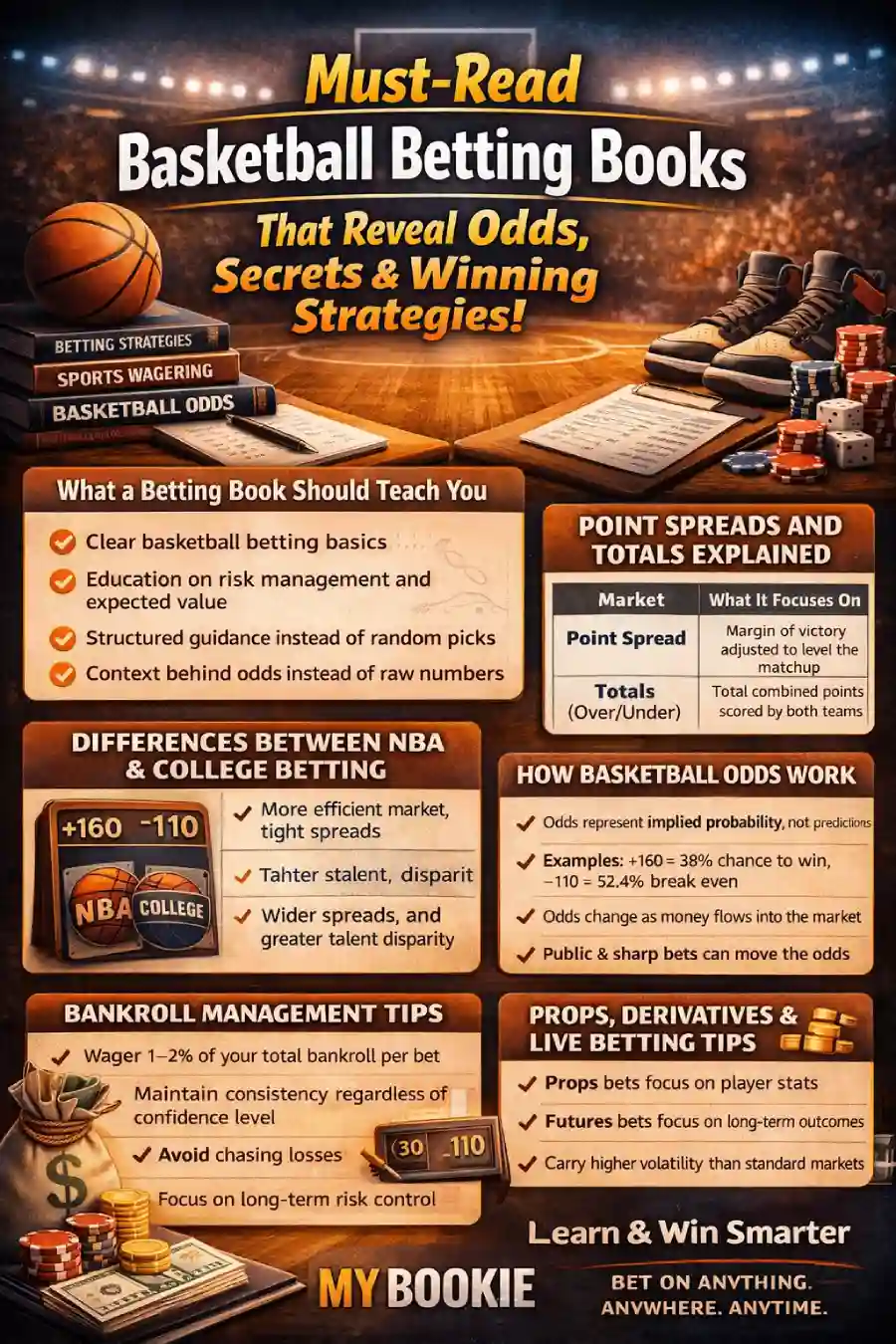 Infographic: Must-read basketball betting books—what they teach (basics, risk management, expected value), point spreads vs totals, how basketball odds work (+160 implied probability, -110 breakeven), NBA vs college betting differences, bankroll management tips, and props, futures, and live betting.