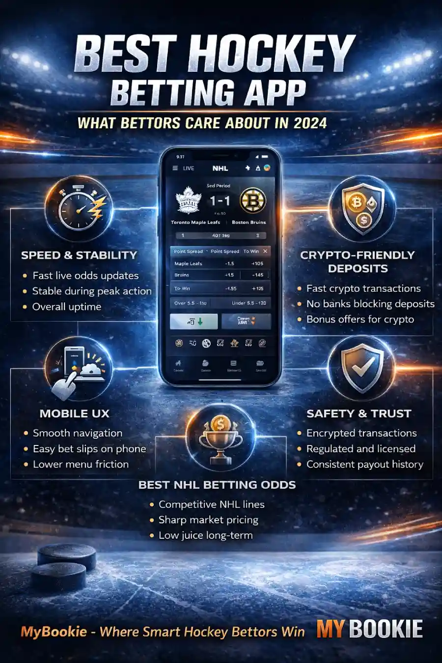 Infographic: Best hockey betting apps — NHL live betting speed, mobile UX, fair odds, crypto betting, and sportsbook reliability explained.