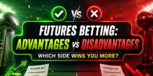 Sports betting futures advantages vs disadvantages banner showing potential payouts, risk, trophies, and betting odds comparison