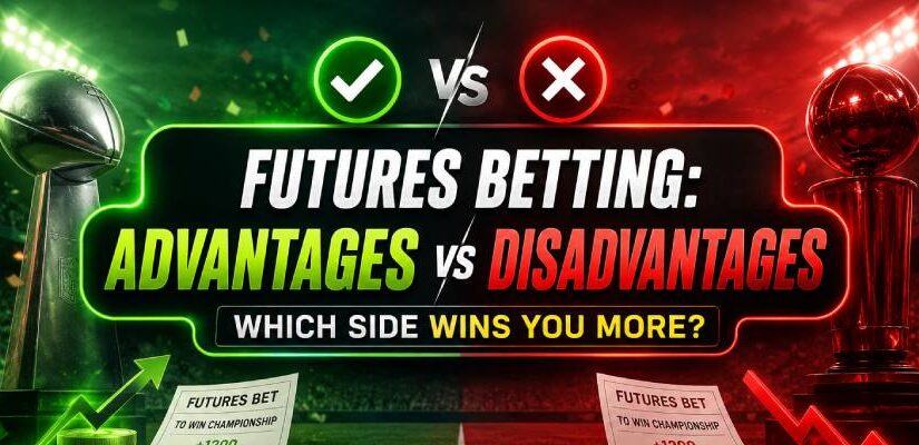 Sports betting futures advantages vs disadvantages banner showing potential payouts, risk, trophies, and betting odds comparison