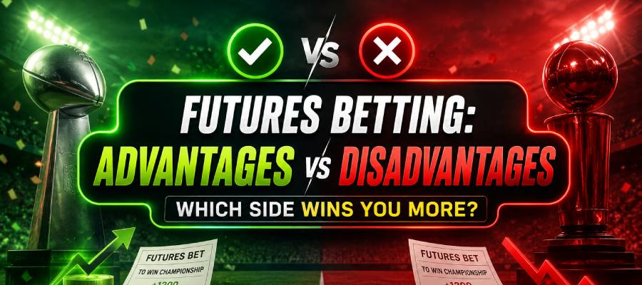 Sports betting futures advantages vs disadvantages banner showing potential payouts, risk, trophies, and betting odds comparison