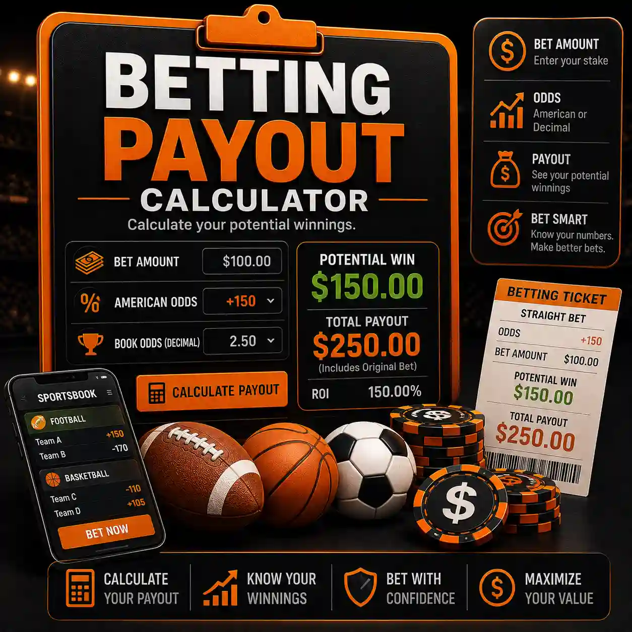 Betting Payout Calculator showing sports betting odds, potential winnings, total payout calculations, sportsbook interface, betting ticket, and sports betting chips.