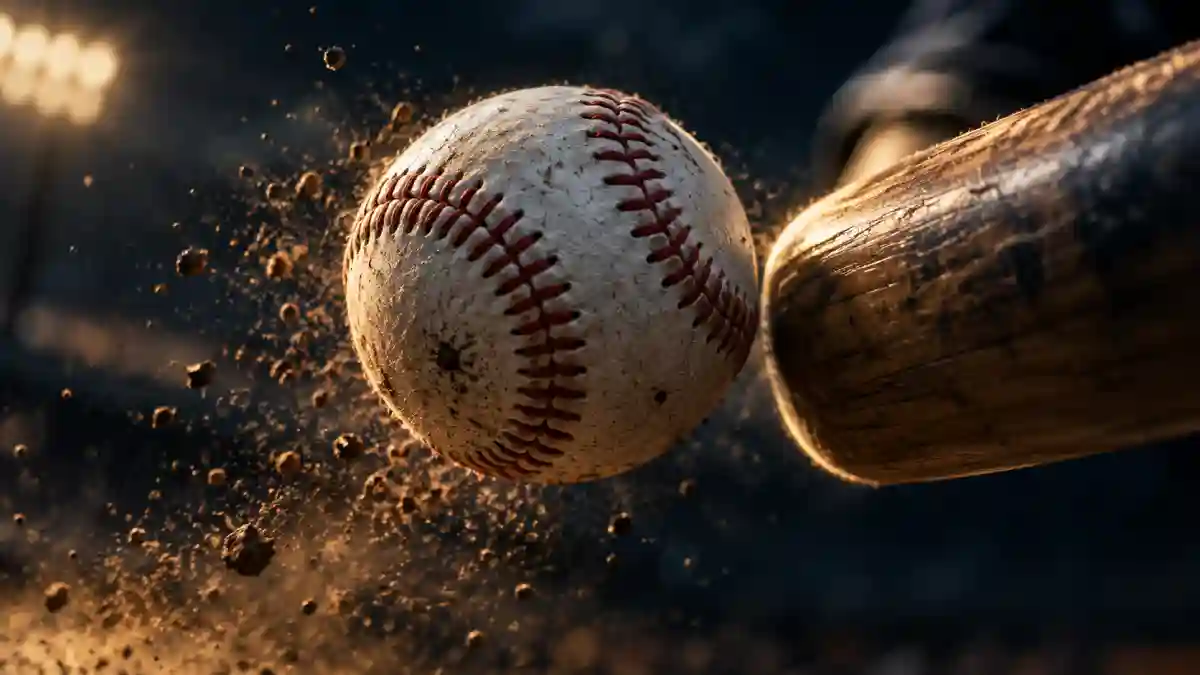 Baseball approaching a wooden bat at the moment of contact