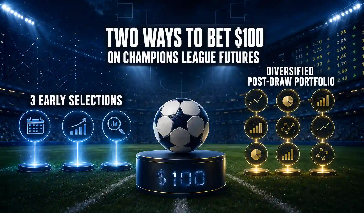 Two ways to bet a $100 Champions League futures bankroll with three early selections or a diversified post-draw portfolio