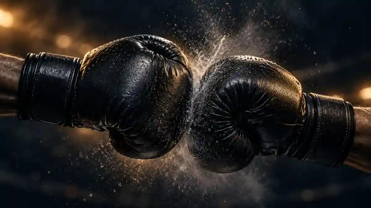 Two black boxing gloves meeting in the center of a ring