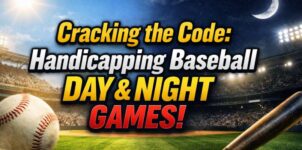 Handicapping baseball day vs night games with split stadium showing sunlight vs night lights and betting strategy concept