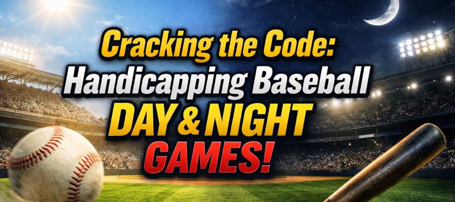 Handicapping baseball day vs night games with split stadium showing sunlight vs night lights and betting strategy concept