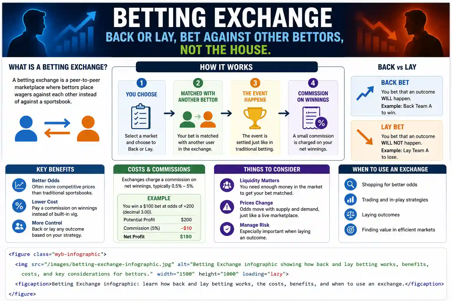 Betting Exchange infographic showing how back betting, lay betting, commissions, liquidity, and sportsbook alternatives work