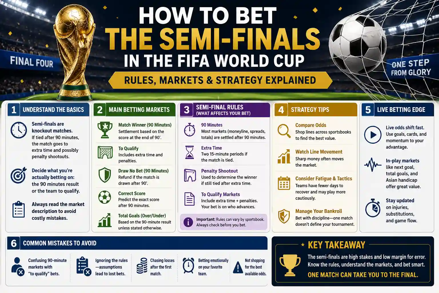 How to bet the FIFA World Cup semi-finals infographic explaining 90-minute markets, extra time, penalties, live betting, odds comparison, and common betting mistakes
