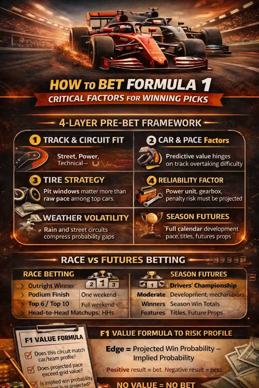 Formula 1 betting infographic showing 4-layer pre-bet framework, race vs futures comparison, volatility factors, and F1 value formula for selecting winning picks