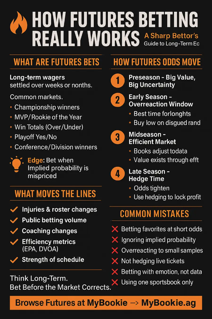 Infographic: How Futures Betting Really Works with key concepts, odds movement, and common mistakes