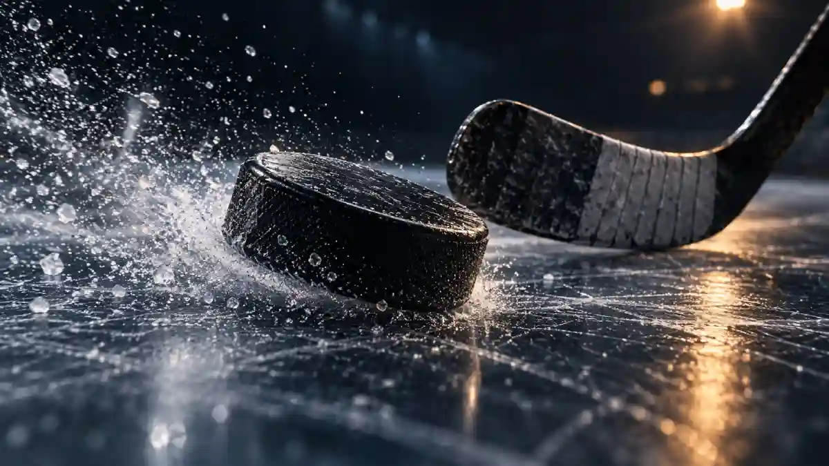 Hockey puck sliding across the ice toward a hockey stick