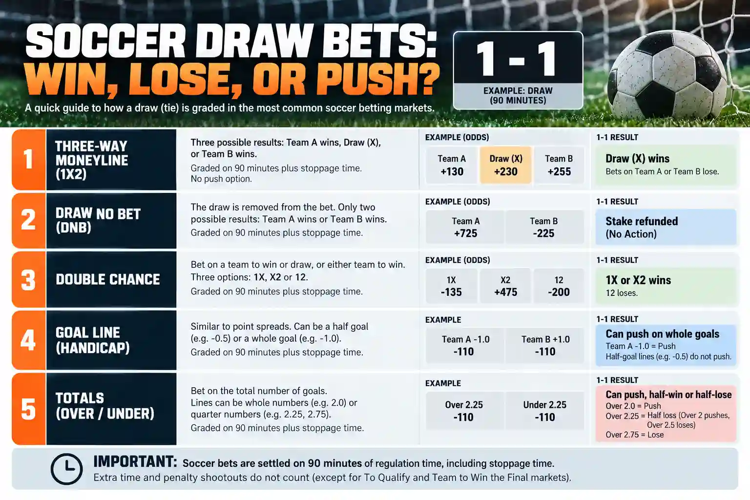 Soccer draw betting infographic comparing how a 1-1 result affects five betting markets: three-way moneyline, Draw No Bet, Double Chance, goal handicaps, and over-under totals. Explains winning bets, losing bets, refunds, and pushes.