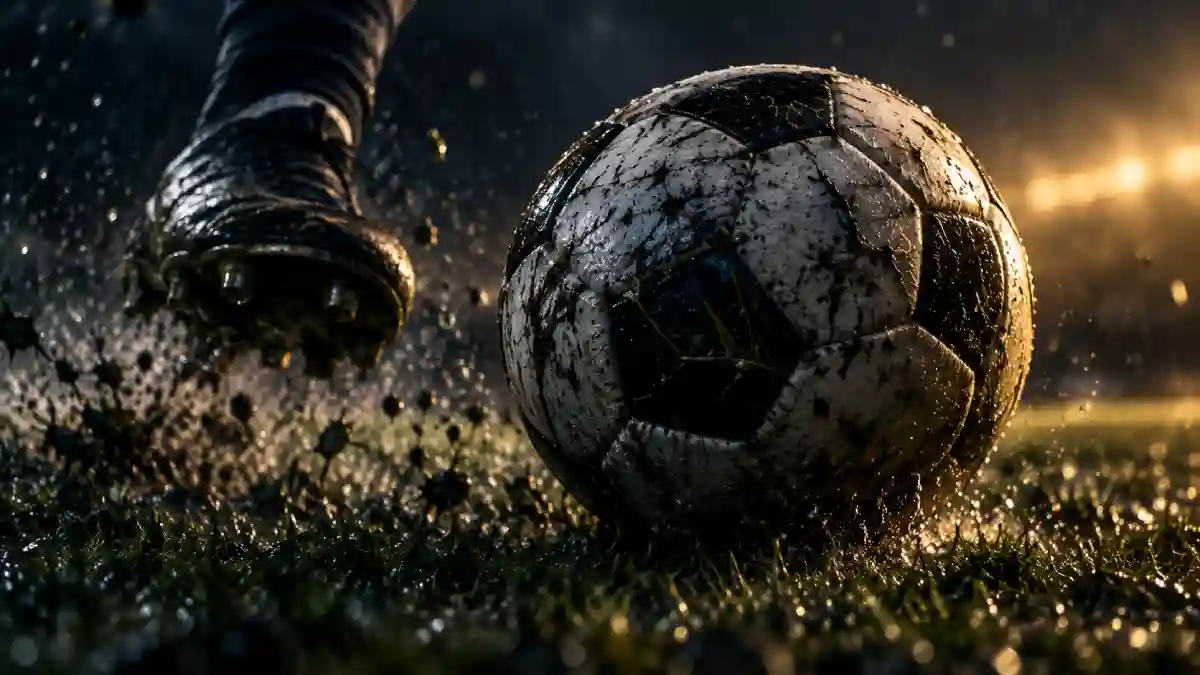 Soccer ball on wet grass as a player moves toward it