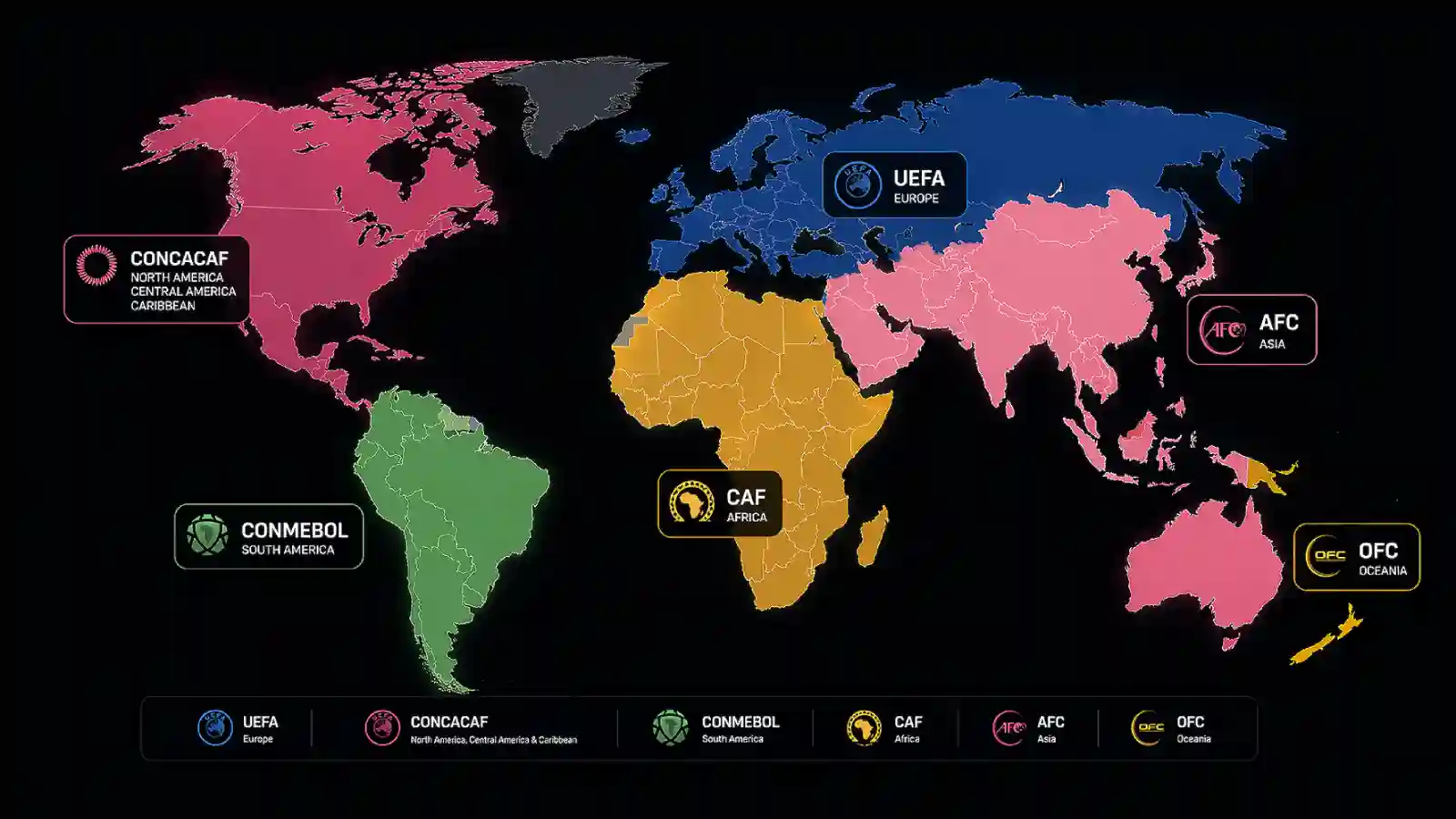 Interactive-style world soccer confederation map showing UEFA, CONCACAF, CONMEBOL, CAF, AFC, and OFC on a dark background