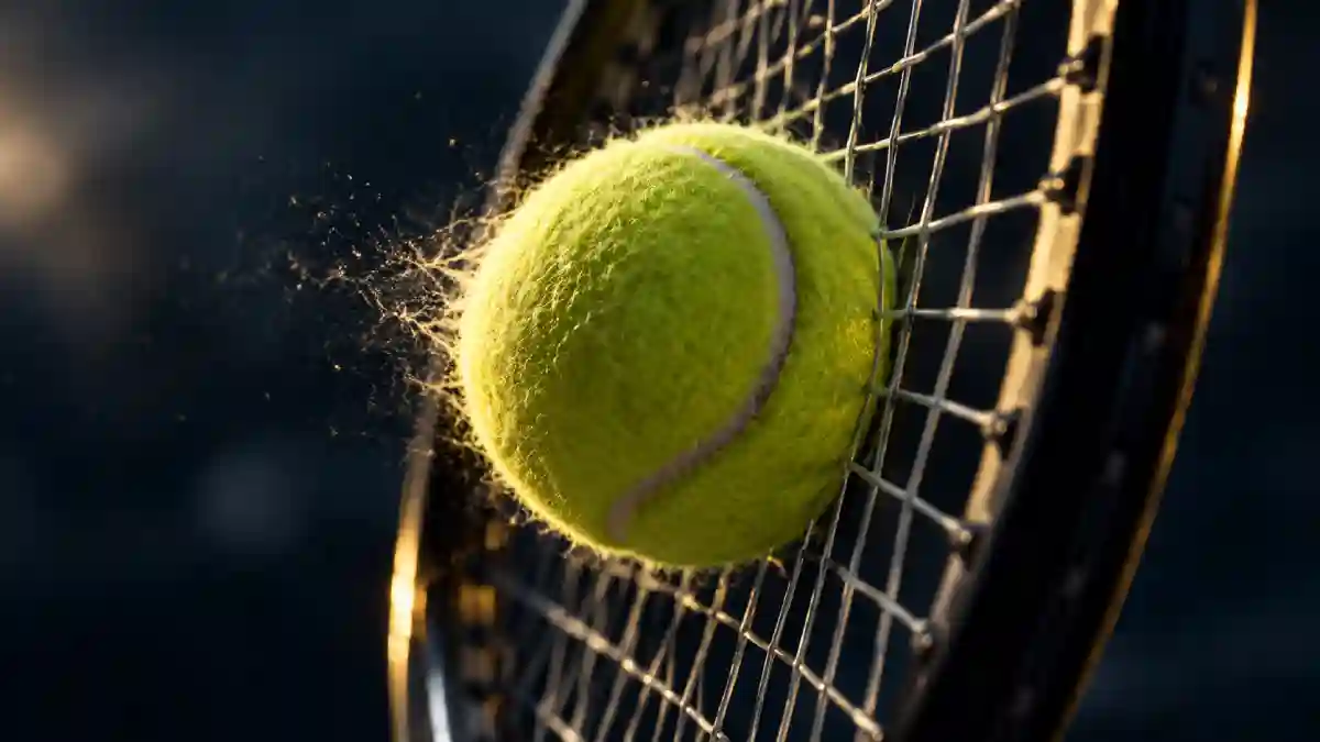 Tennis ball meeting the strings of a racket