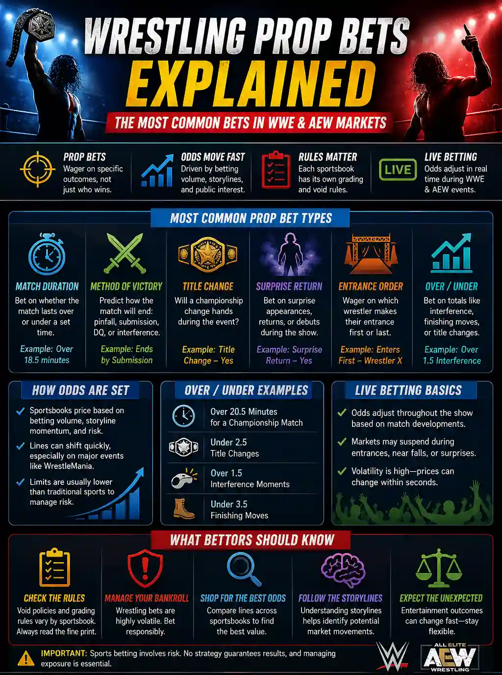 Wrestling prop bets infographic explaining WWE and AEW betting markets, including match duration, method of victory, title changes, over under props, live betting, odds movement, and sportsbook rules
