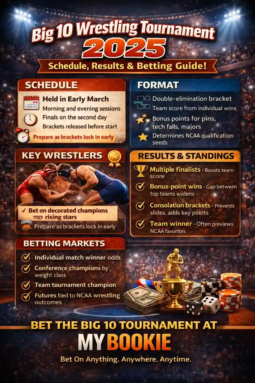 Big 10 Wrestling Tournament 2025 infographic: tournament overview and format, how results and Big 10 wrestling tournament standings are determined, when the Big 10 wrestling tournament starts, and betting options including match winners and tournament champions.