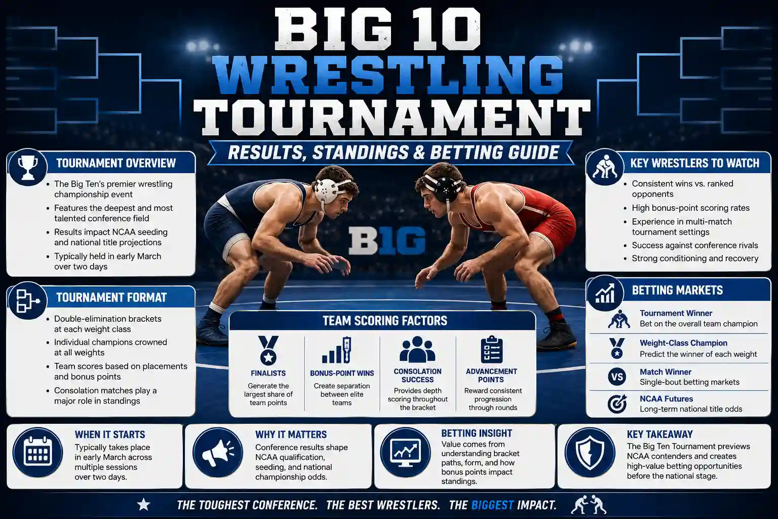Big 10 Wrestling Tournament infographic covering tournament format, results, standings, key wrestlers, betting markets, NCAA impact, and team scoring factors.