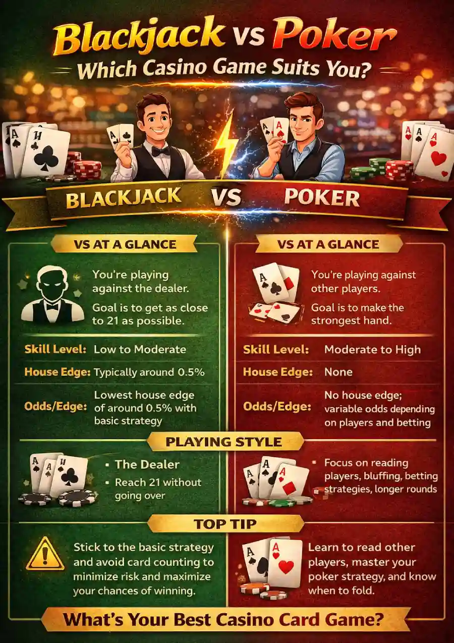 Blackjack vs poker infographic comparing opponent type, house edge, skill level, playing style, and beginner tips for choosing the right casino card game.