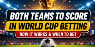 Both Teams to Score in World Cup betting featured image with FIFA World Cup trophy, soccer ball, and stadium lights.
