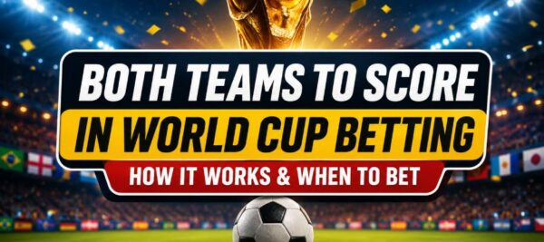 Both Teams to Score in World Cup betting featured image with FIFA World Cup trophy, soccer ball, and stadium lights.