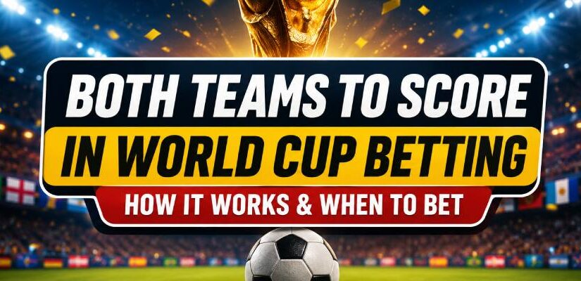 Both Teams to Score in World Cup betting featured image with FIFA World Cup trophy, soccer ball, and stadium lights.