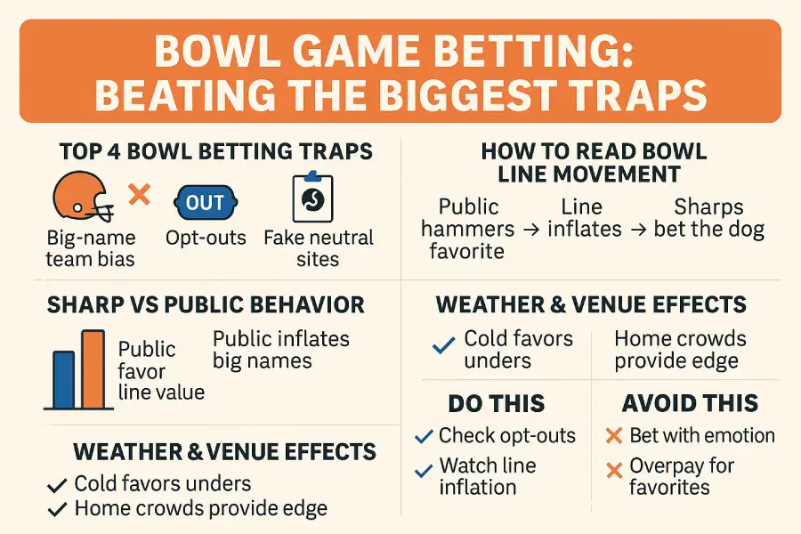 Infographic with tips to avoid college football bowl game betting traps, including opt-outs, fake neutral sites, line movement, and weather effects