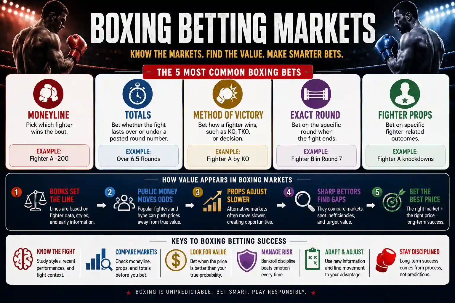 Boxing betting markets infographic explaining moneyline bets, totals, method of victory, exact round wagers, fighter props, value betting, and risk management